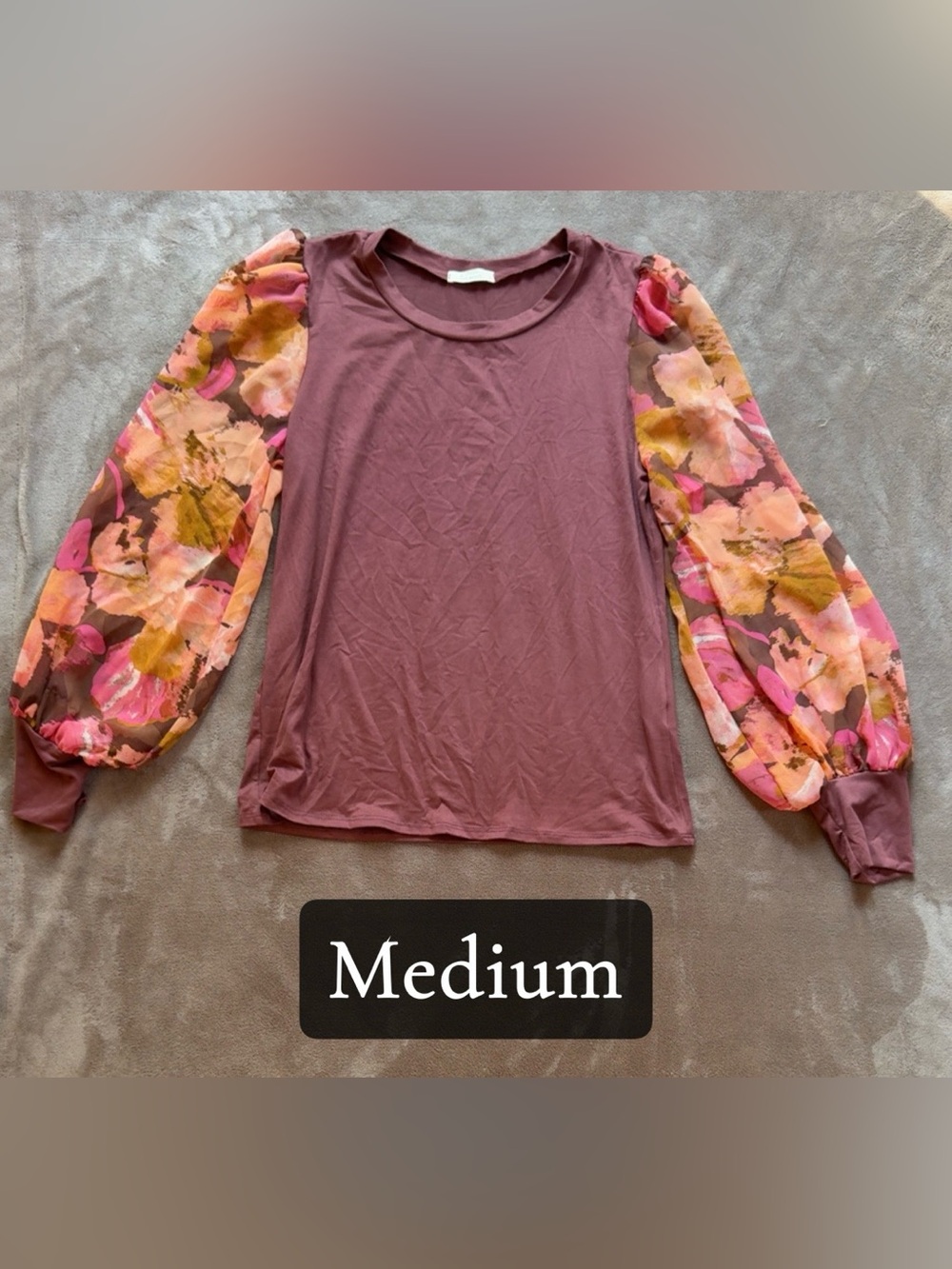 Women's Mauve Knit Top with Floral Puff Sleeves